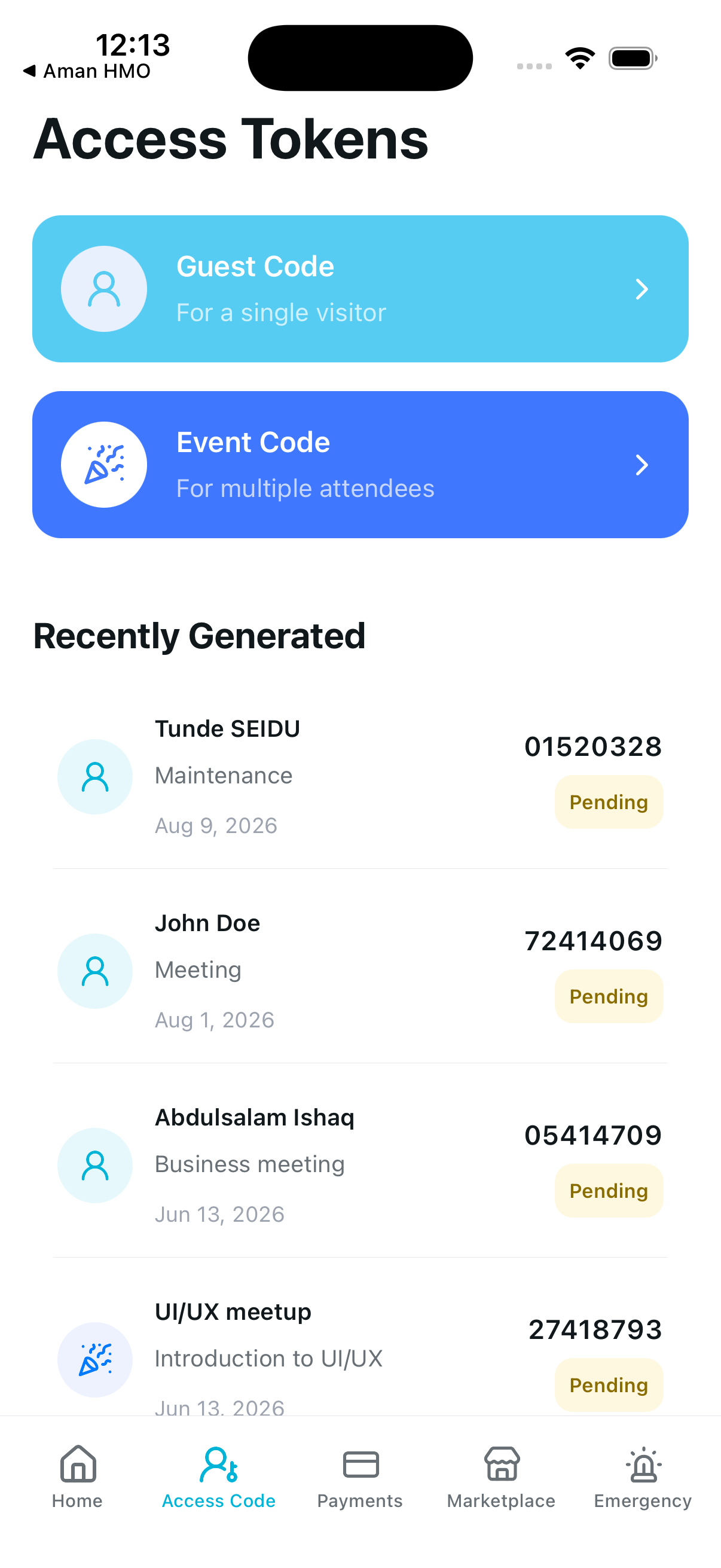 Sycure resident app Access Tokens screen: Guest Code for a single visitor, Event Code for multiple attendees, and a list of recently generated codes with pending status