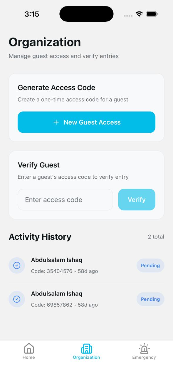 Sycure verifier app showing the Verify Guest panel where a guard enters an access code, plus recent verification activity